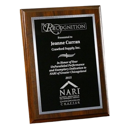 LASER ENGRAVED CUSTOM PLAQUE CLASSIC WALNUT WITH BLACK AND SILVER PLATES AND LASER ENGRAVED LOGO